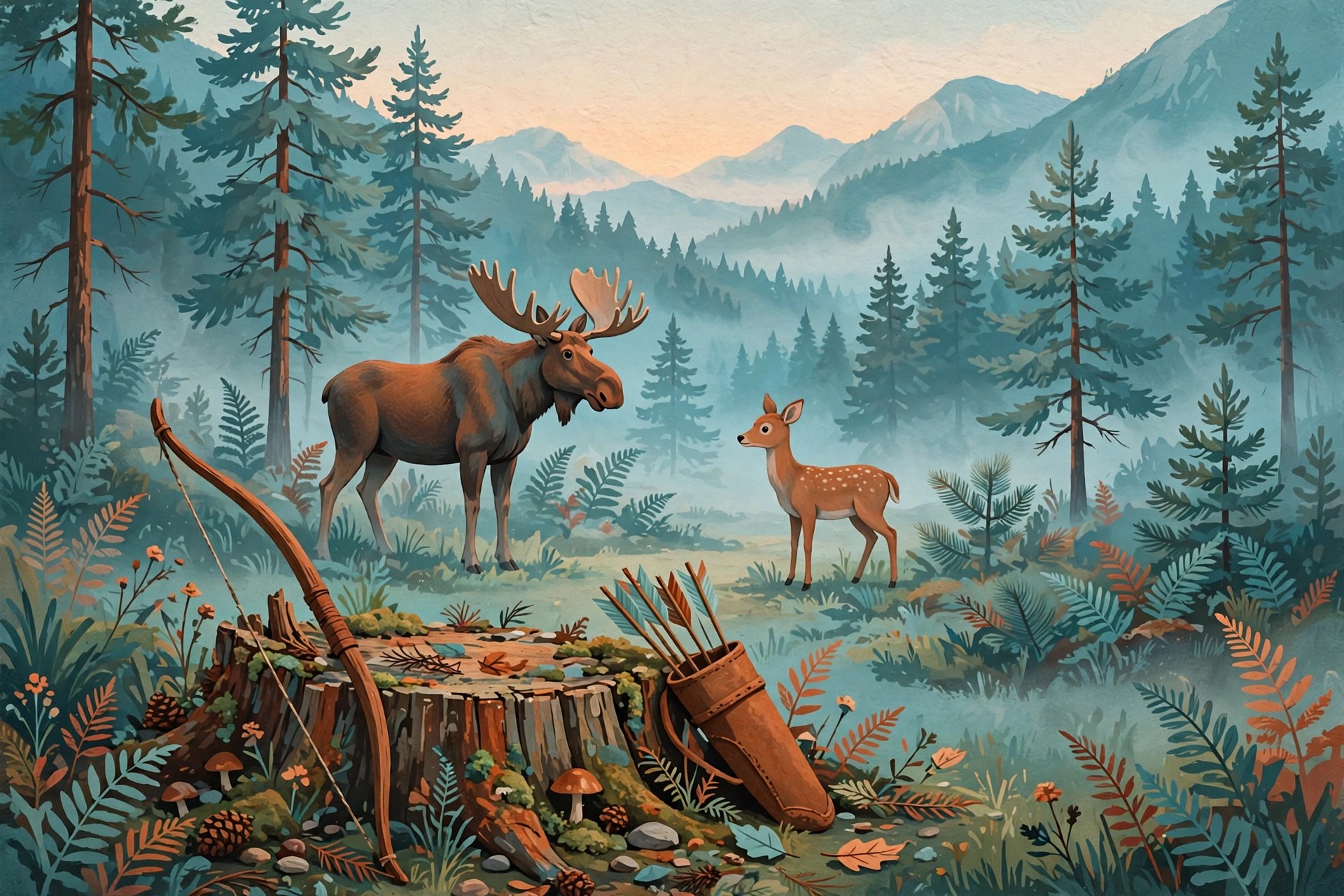 Painted illustration of a moose and a deer in a misty dawn forest, with a bow and quiver resting by a tree stump