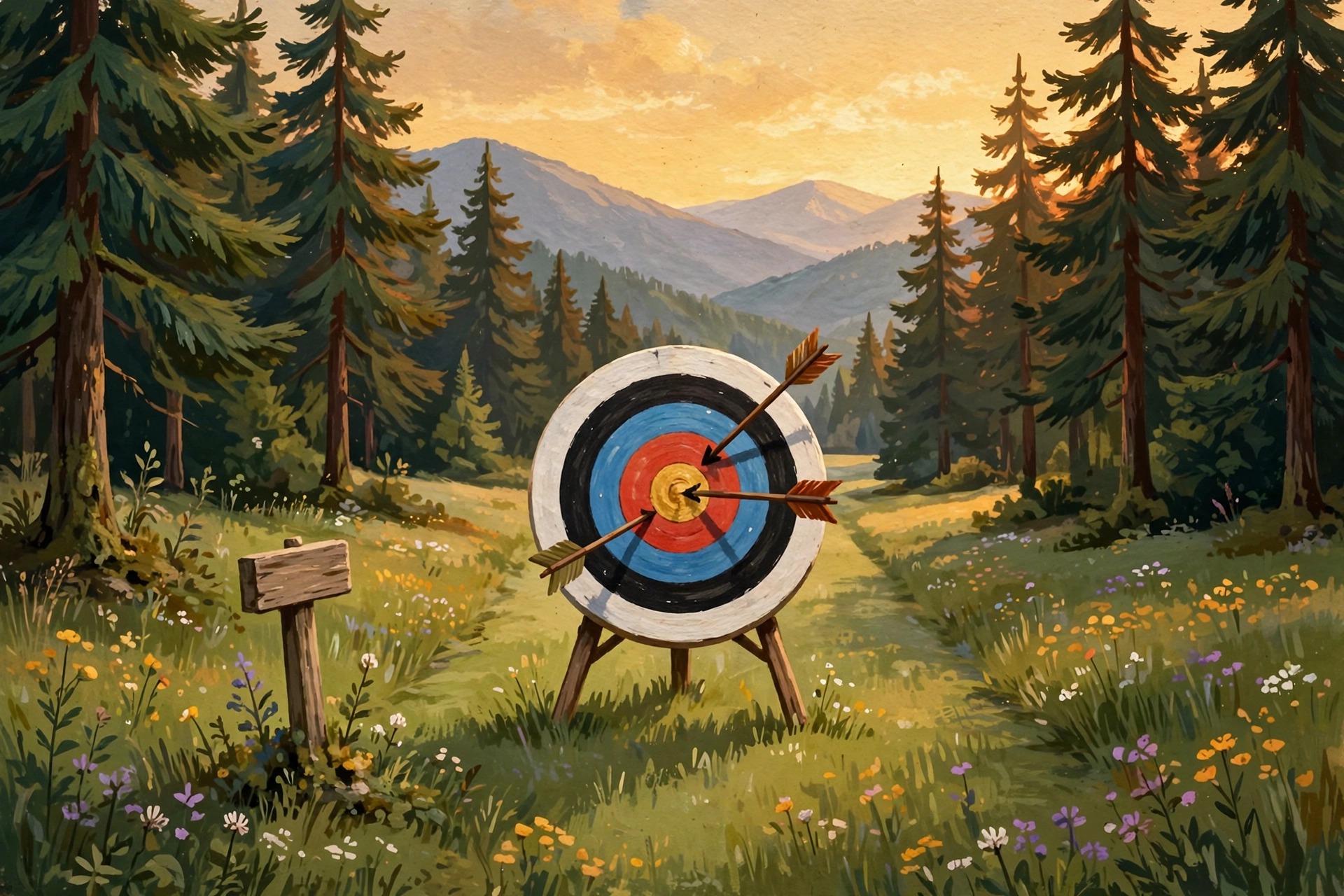 Painted illustration of a field archery target with three arrows in the gold, standing in a pine meadow at golden hour